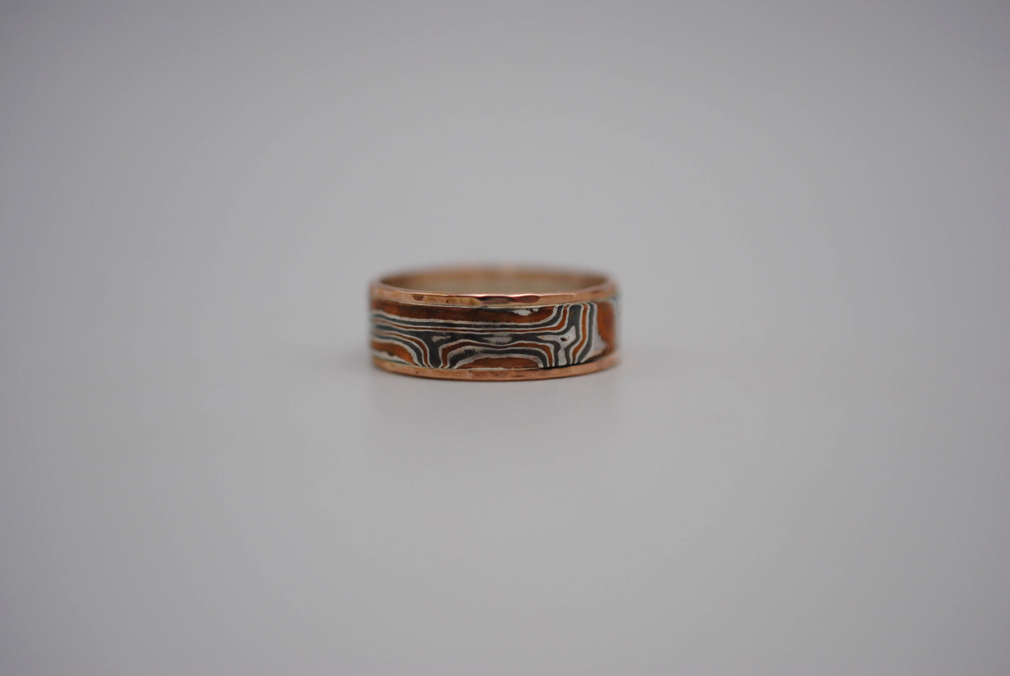 Mokume Gane Ring Band: Silver, Copper, Shibuichi, with Hammered Rose Gold Banding