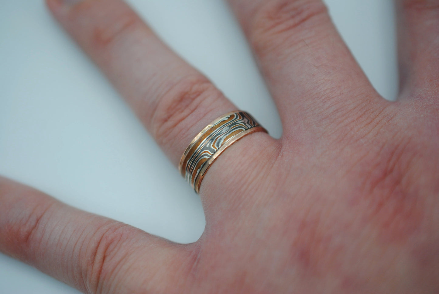 Mokume Gane Ring Band: Silver, Copper, Shibuichi, with Hammered Rose Gold Banding
