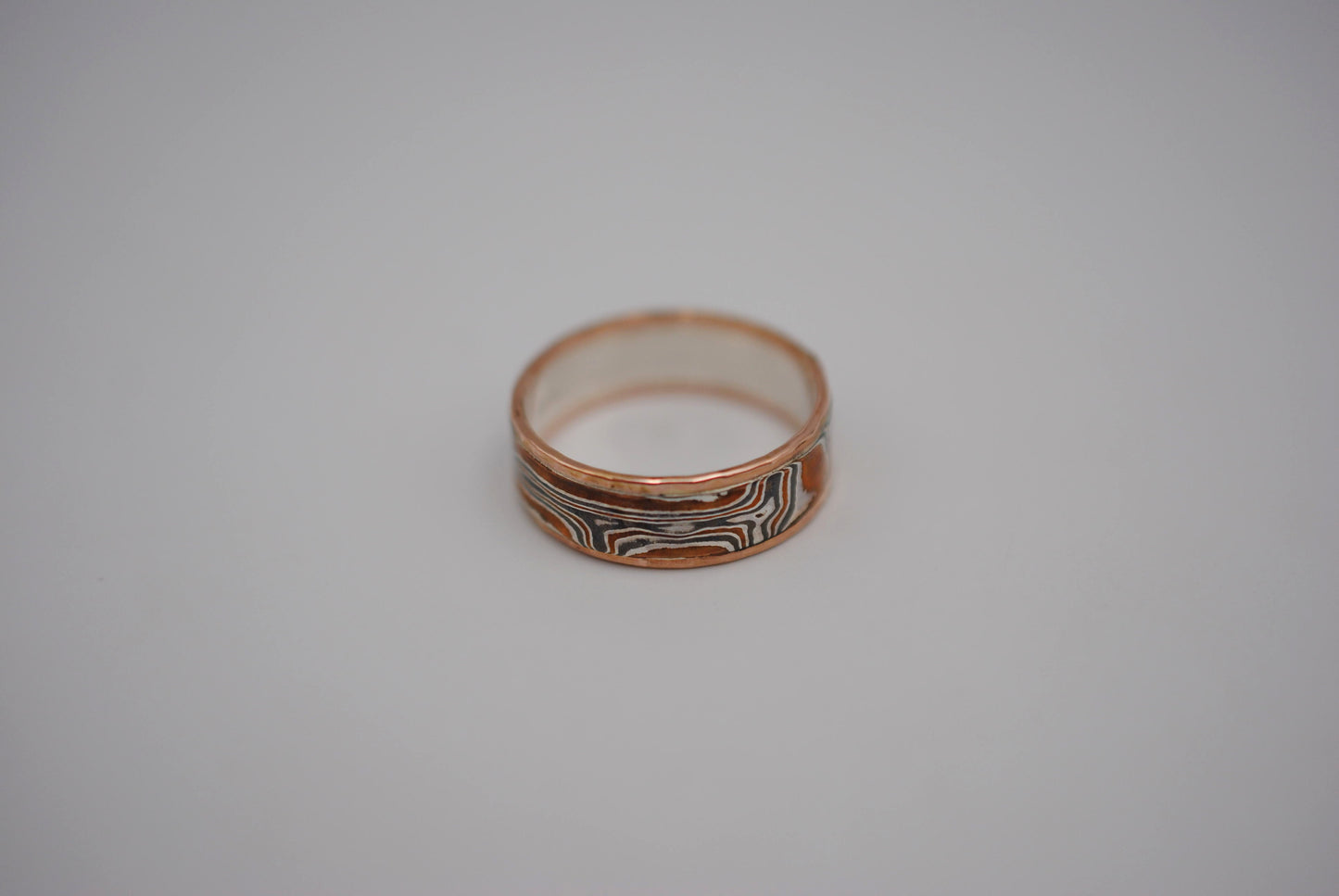 Mokume Gane Ring Band: Silver, Copper, Shibuichi, with Hammered Rose Gold Banding