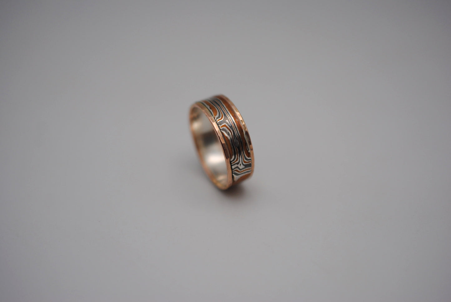 Mokume Gane Ring Band: Silver, Copper, Shibuichi, with Hammered Rose Gold Banding