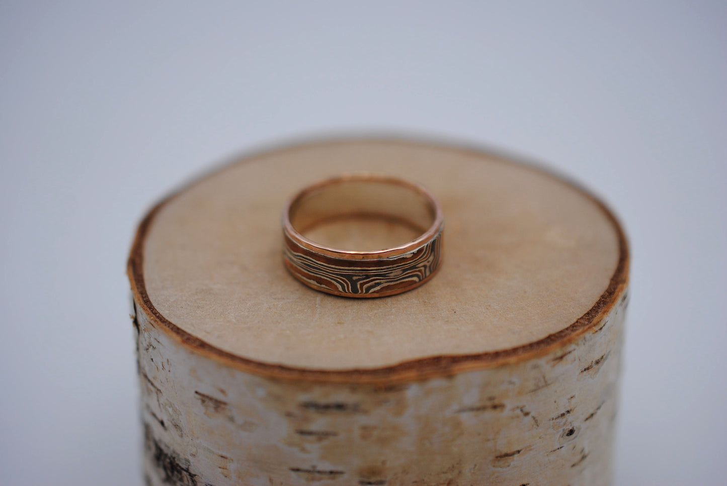 Mokume Gane Ring Band: Silver, Copper, Shibuichi, with Hammered Rose Gold Banding