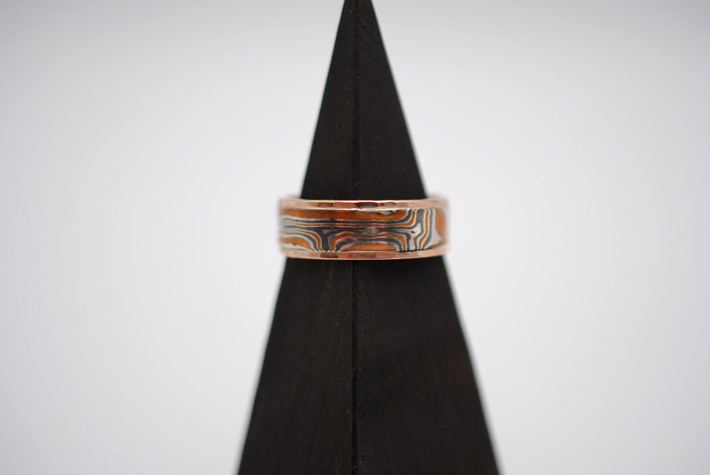 Mokume Gane Ring Band: Silver, Copper, Shibuichi, with Hammered Rose Gold Banding