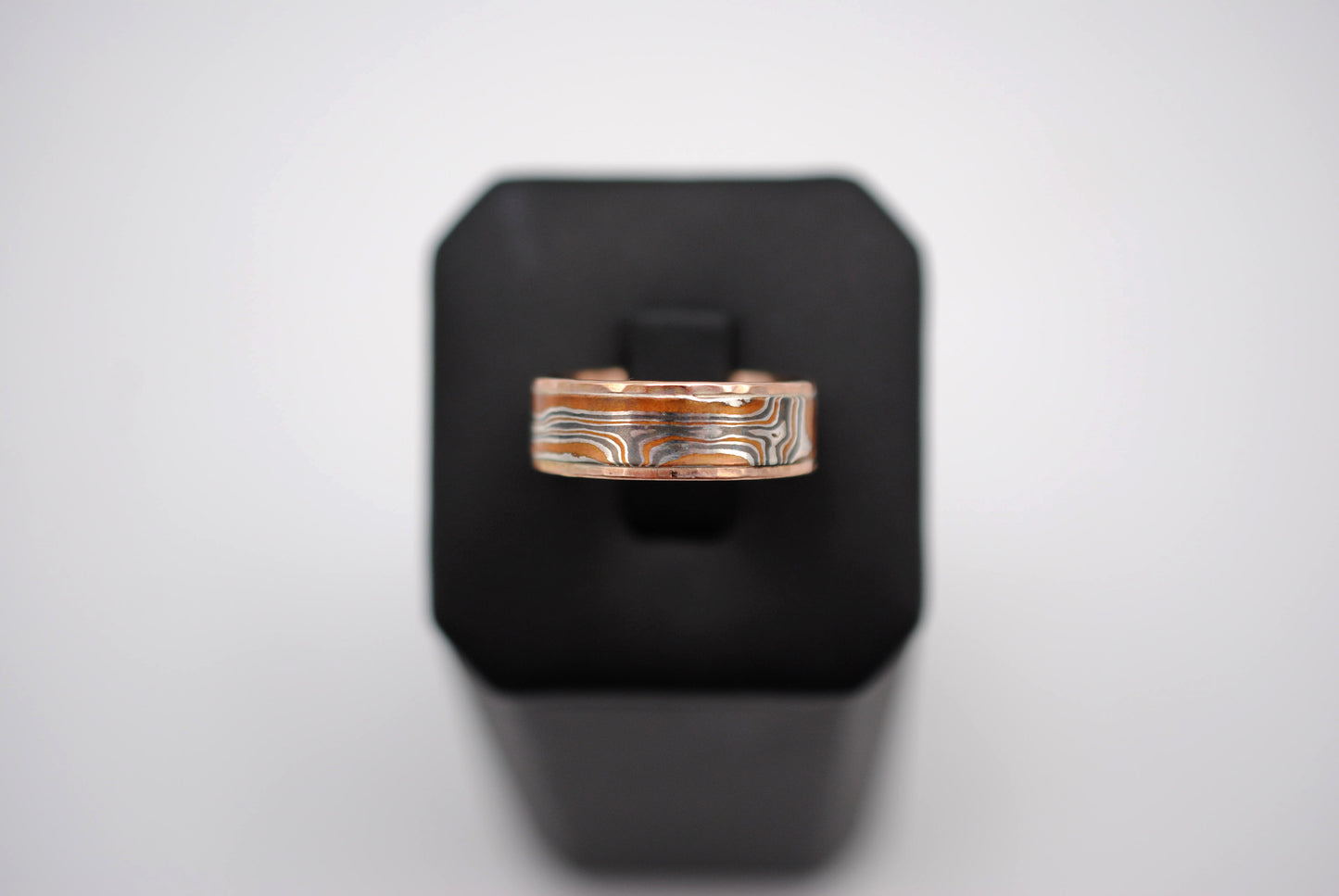 Mokume Gane Ring Band: Silver, Copper, Shibuichi, with Hammered Rose Gold Banding