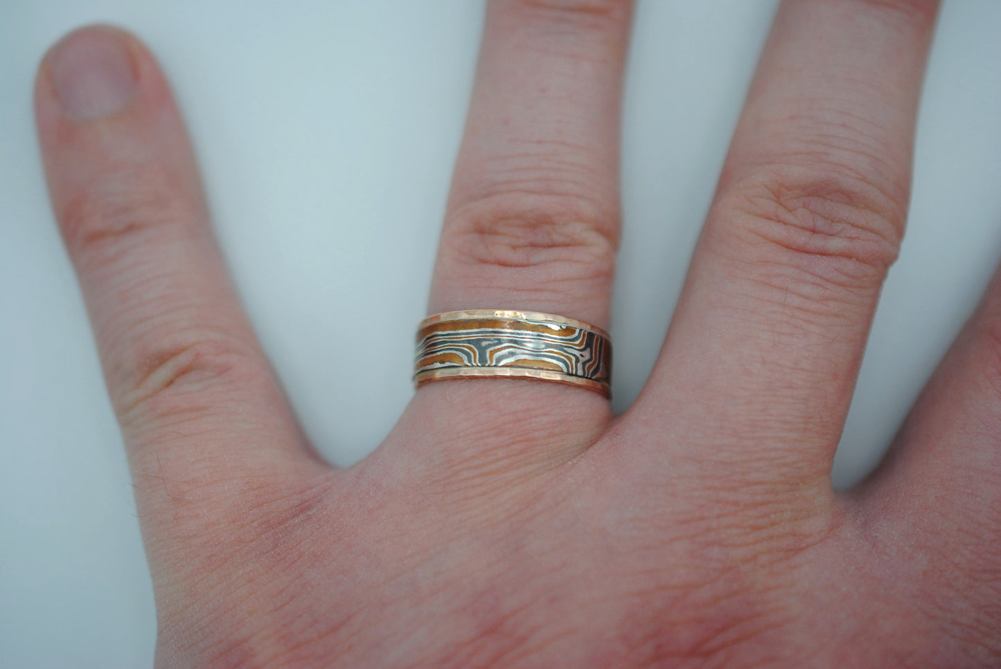 Mokume Gane Ring Band: Silver, Copper, Shibuichi, with Hammered Rose Gold Banding