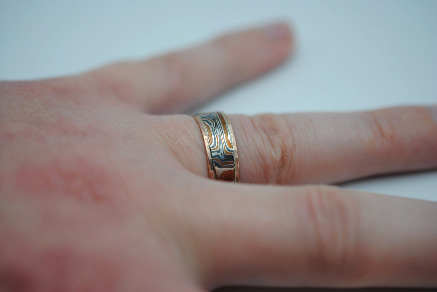 Mokume Gane Ring Band: Silver, Copper, Shibuichi, with Hammered Rose Gold Banding