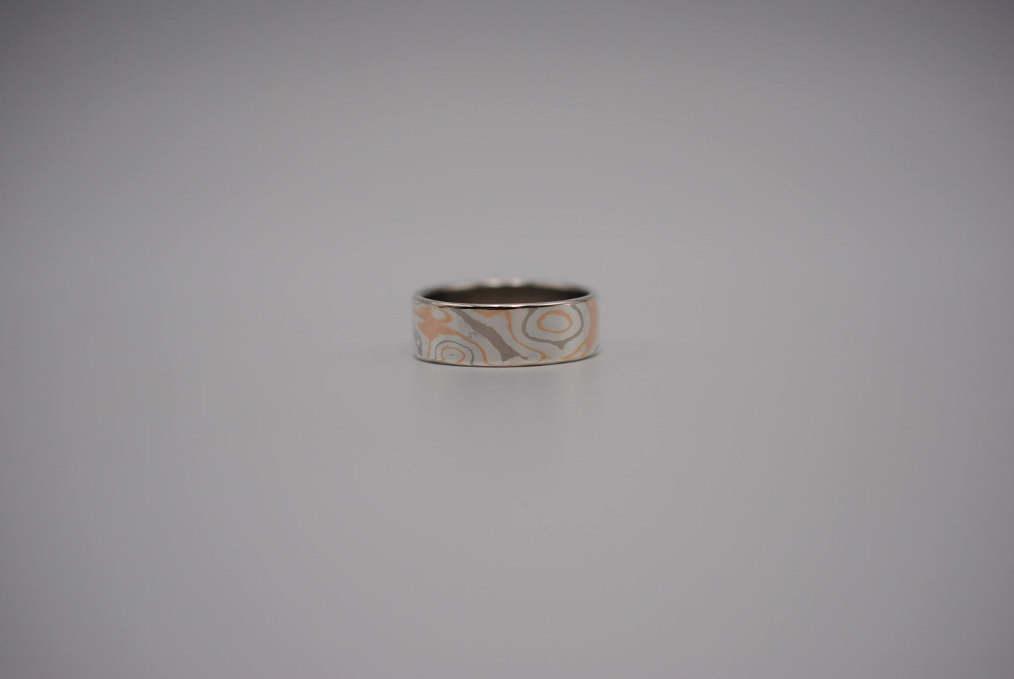 Mokume Gane Ring Band: Palladium White Gold, Rose Gold, and Silver, Medium Width