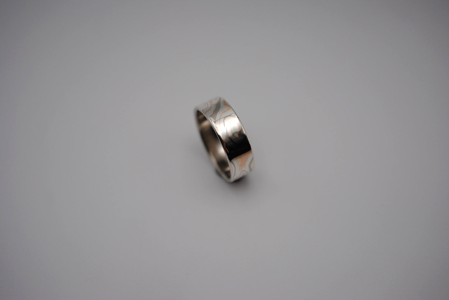 Mokume Gane Ring Band: Palladium White Gold, Rose Gold, and Silver, Medium Width