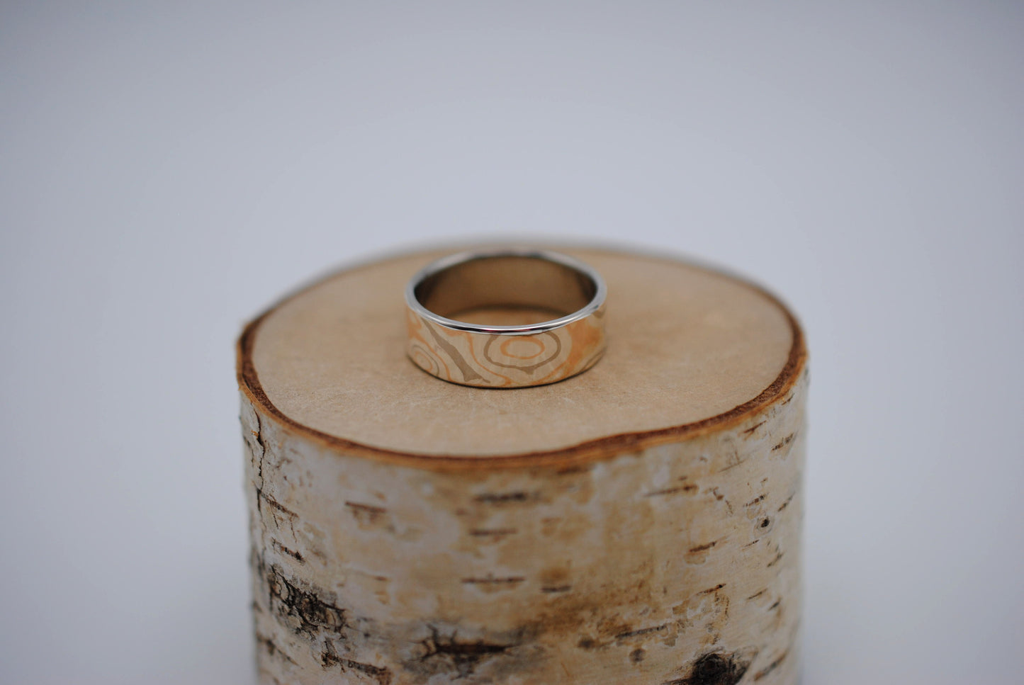 Mokume Gane Ring Band: Palladium White Gold, Rose Gold, and Silver, Medium Width