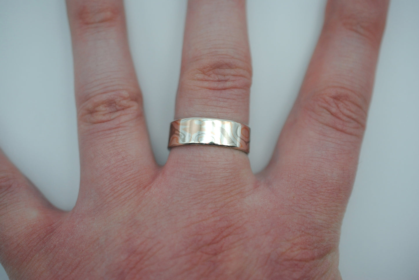 Mokume Gane Ring Band: Palladium White Gold, Rose Gold, and Silver, Medium Width