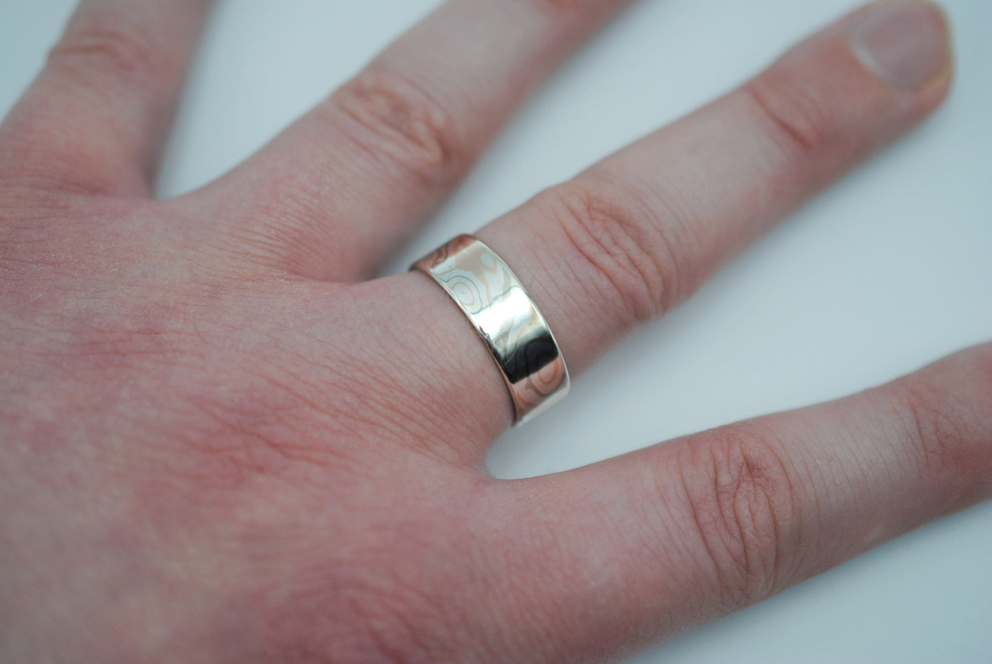 Mokume Gane Ring Band: Palladium White Gold, Rose Gold, and Silver, Medium Width