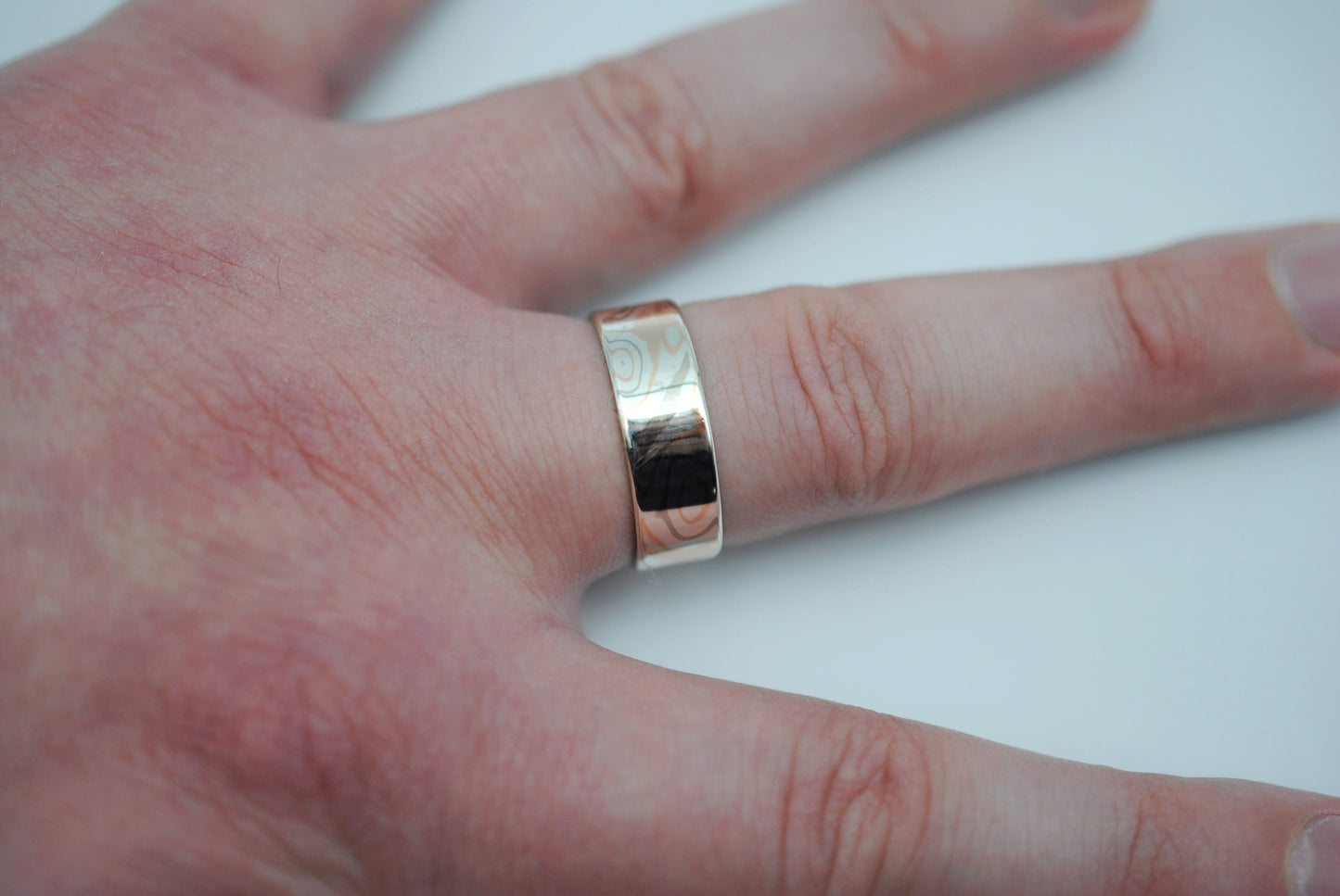 Mokume Gane Ring Band: Palladium White Gold, Rose Gold, and Silver, Medium Width