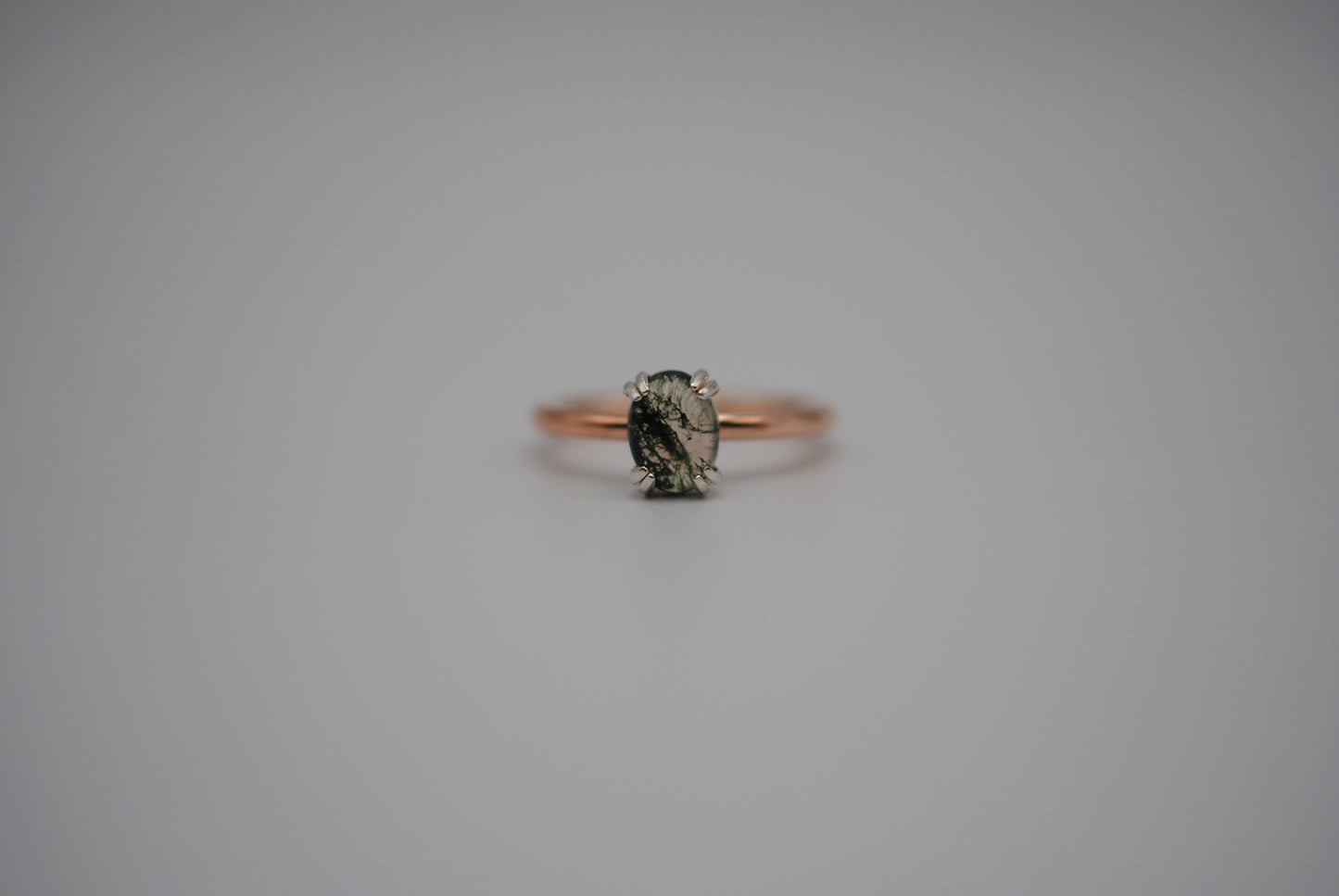 Moss Agate Ring: Oval Cut, Rose Gold Fill Band, Silver Double Prong Setting