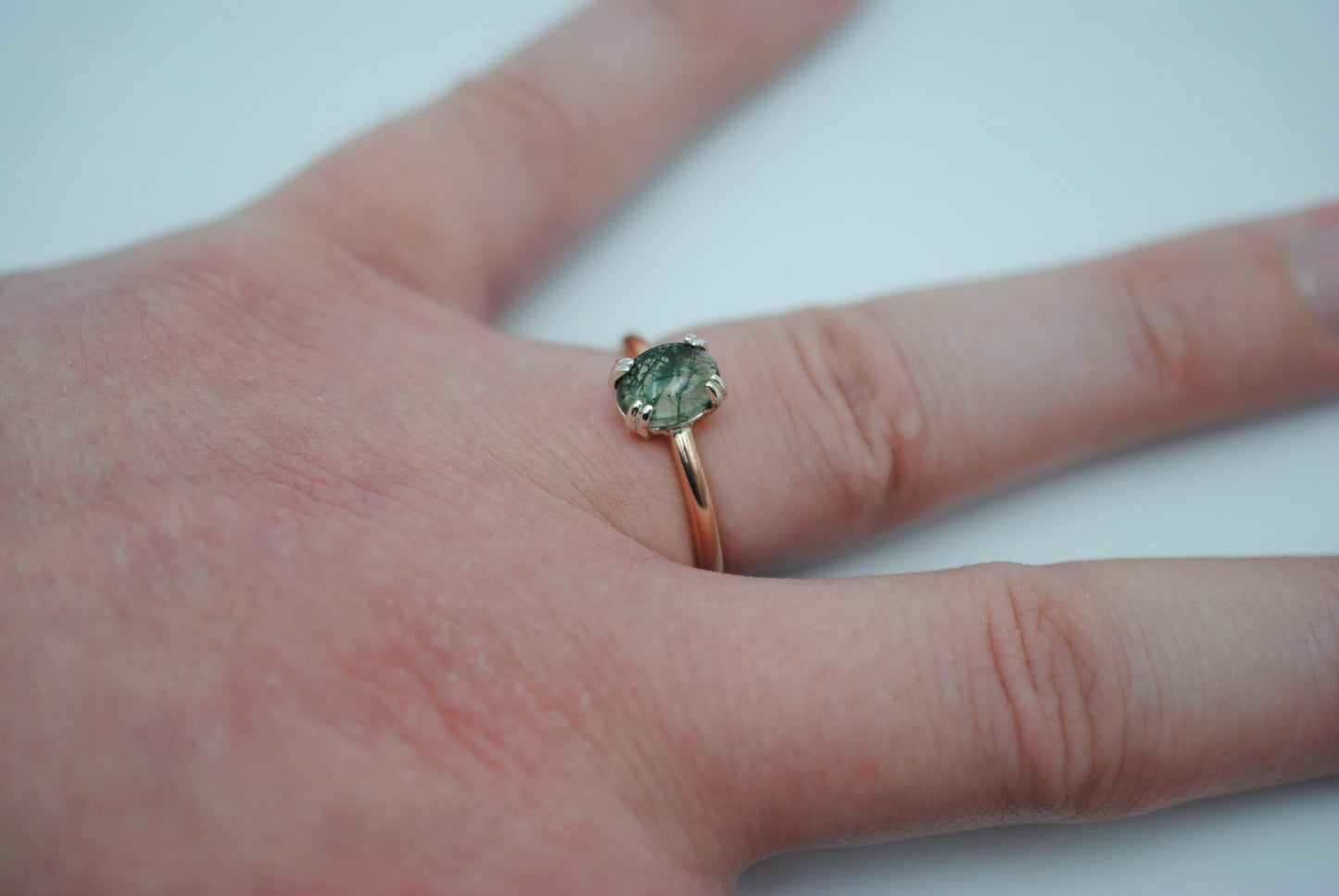 Moss Agate Ring: Oval Cut, Rose Gold Fill Band, Silver Double Prong Setting