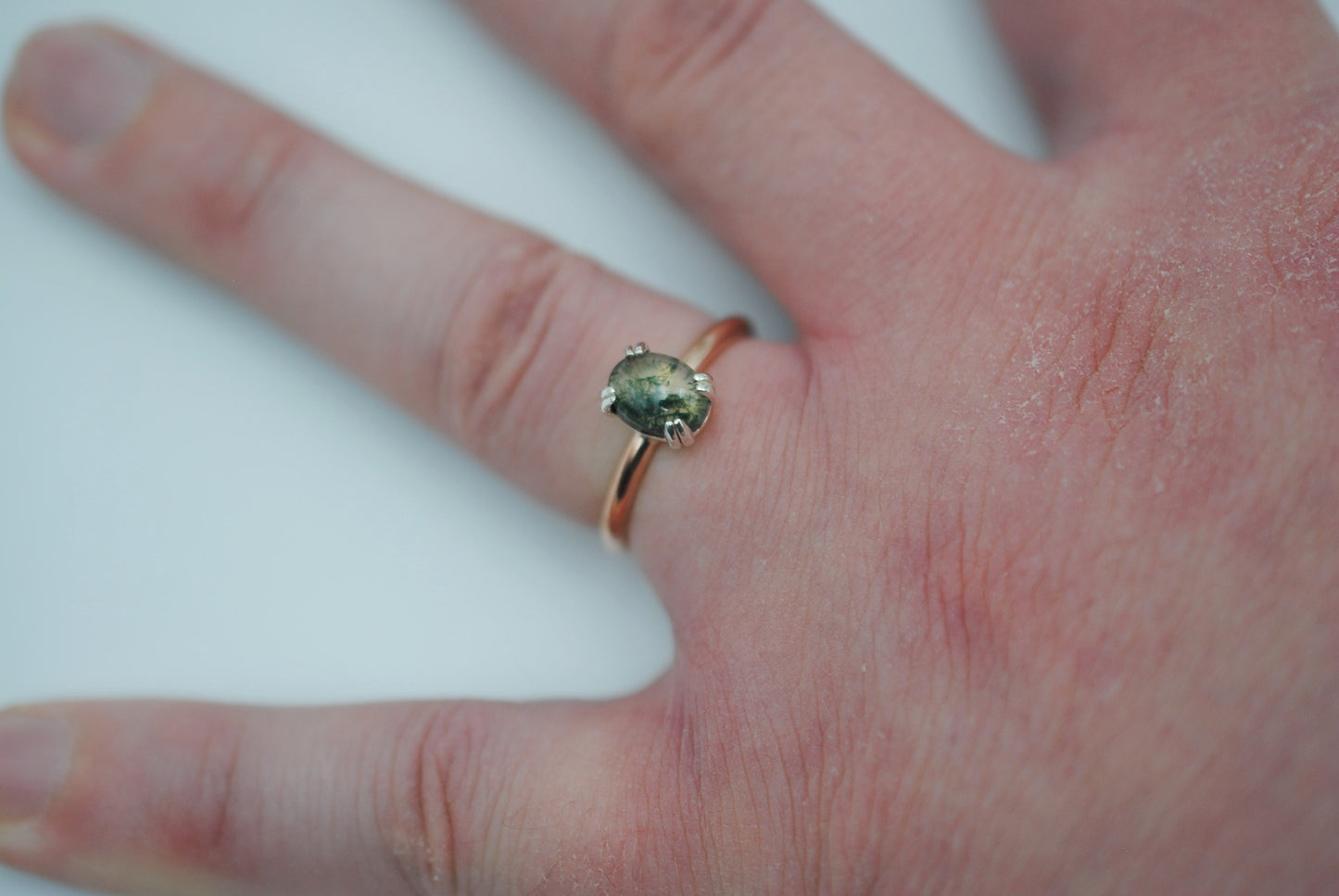 Moss Agate Ring: Oval Cut, Rose Gold Fill Band, Silver Double Prong Setting