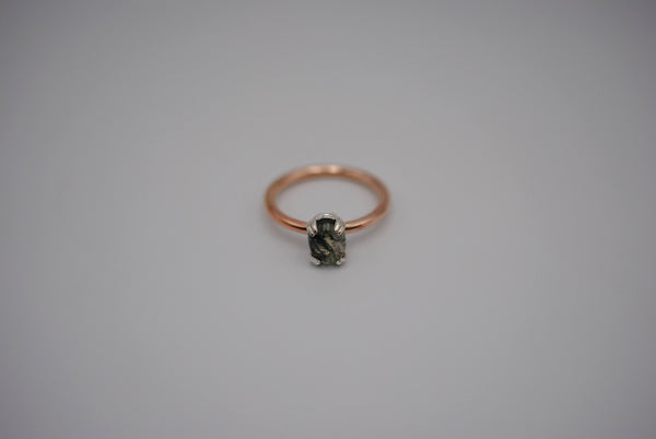 Moss Agate Ring: Oval Cut, Rose Gold Fill Band, Silver Double Prong Setting