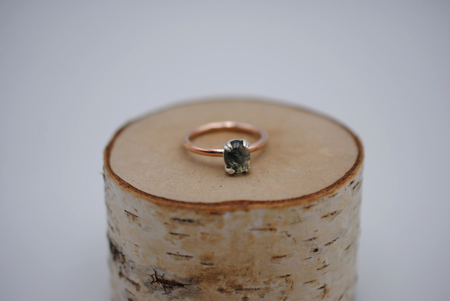 Moss Agate Ring: Oval Cut, Rose Gold Fill Band, Silver Double Prong Setting