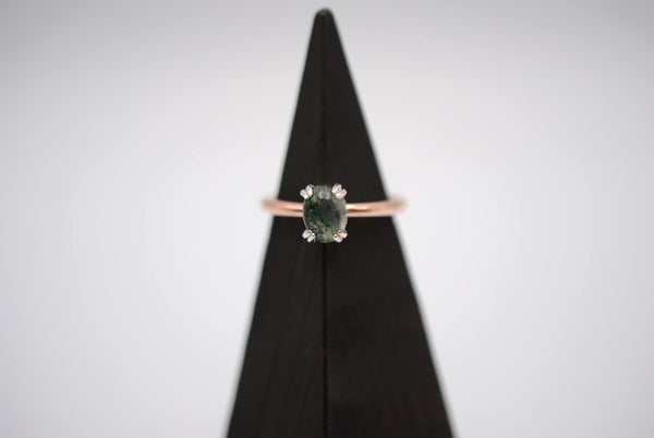 Moss Agate Ring: Oval Cut, Rose Gold Fill Band, Silver Double Prong Setting