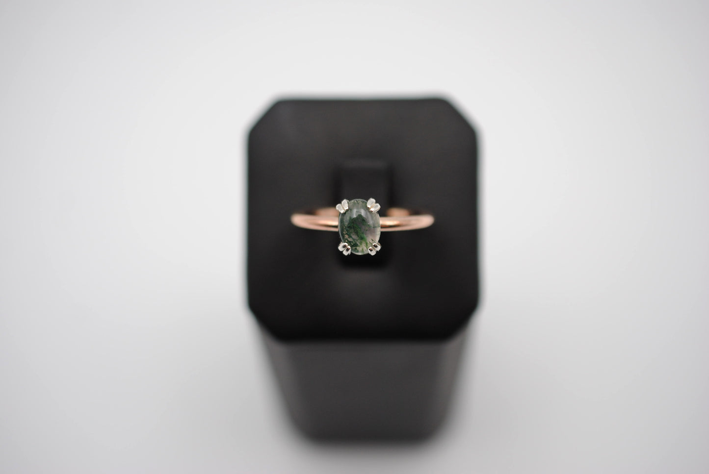 Moss Agate Ring: Oval Cut, Rose Gold Fill Band, Silver Double Prong Setting