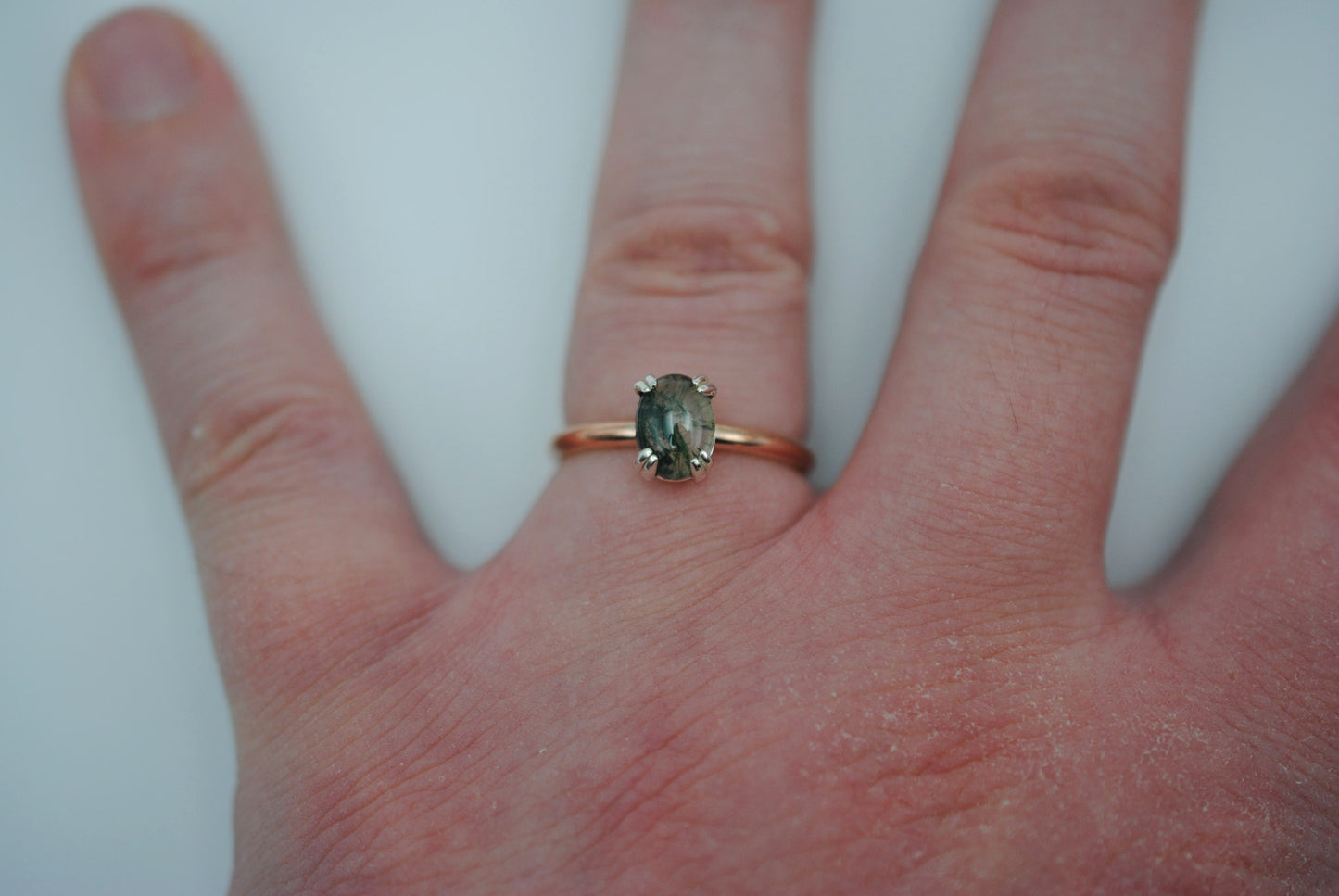 Moss Agate Ring: Oval Cut, Rose Gold Fill Band, Silver Double Prong Setting