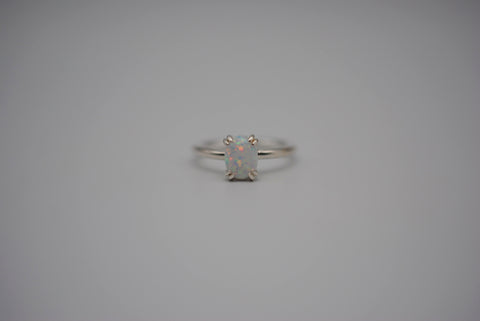 Opal Ring: Oval Cut, Silver, Double Prong Setting