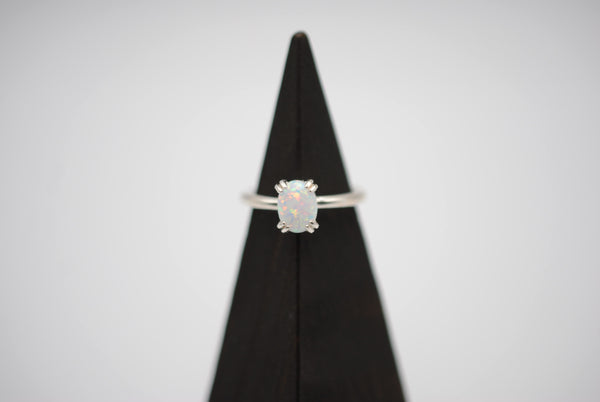Opal Ring: Oval Cut, Silver, Double Prong Setting