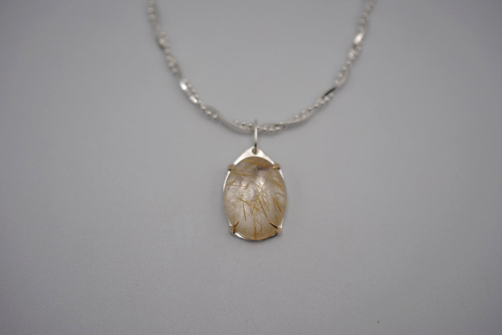 Oval Golden Rutilated Quartz with 14K Yellow Gold Prongs Pendant Necklace on Twisted Snake Box and Ball Chain