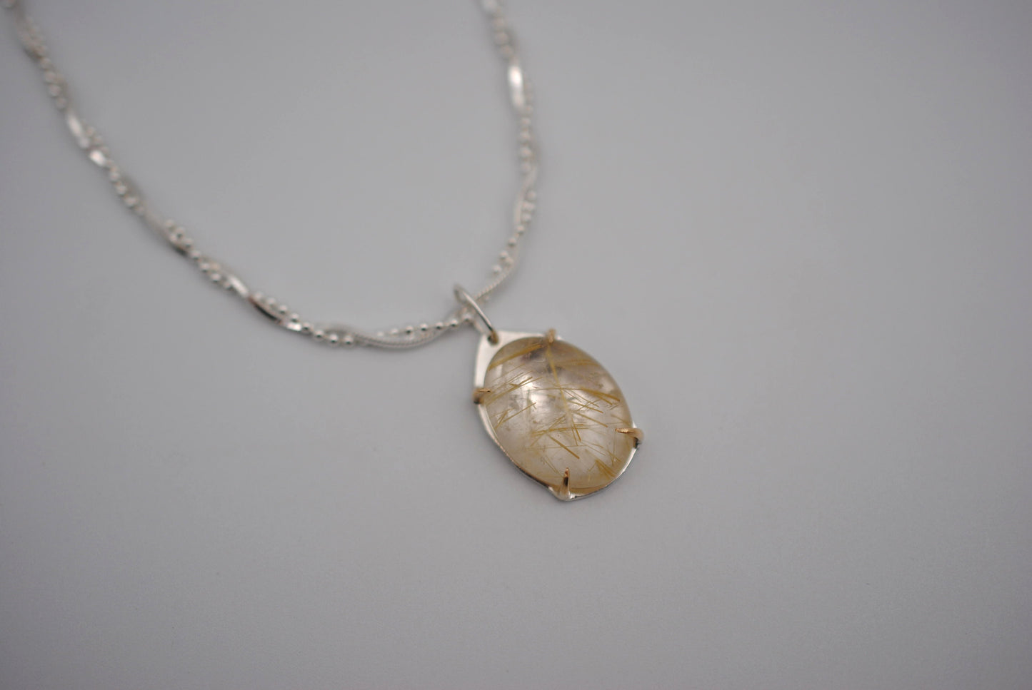 Oval Golden Rutilated Quartz with 14K Yellow Gold Prongs Pendant Necklace on Twisted Snake Box and Ball Chain