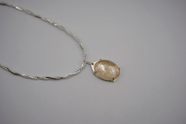 Oval Golden Rutilated Quartz with 14K Yellow Gold Prongs Pendant Necklace on Twisted Snake Box and Ball Chain