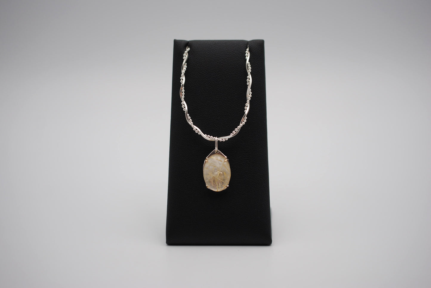 Oval Golden Rutilated Quartz with 14K Yellow Gold Prongs Pendant Necklace on Twisted Snake Box and Ball Chain