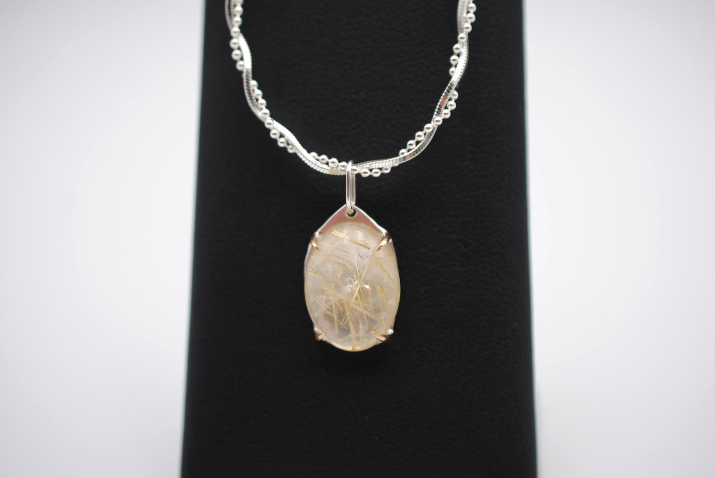 Oval Golden Rutilated Quartz with 14K Yellow Gold Prongs Pendant Necklace on Twisted Snake Box and Ball Chain