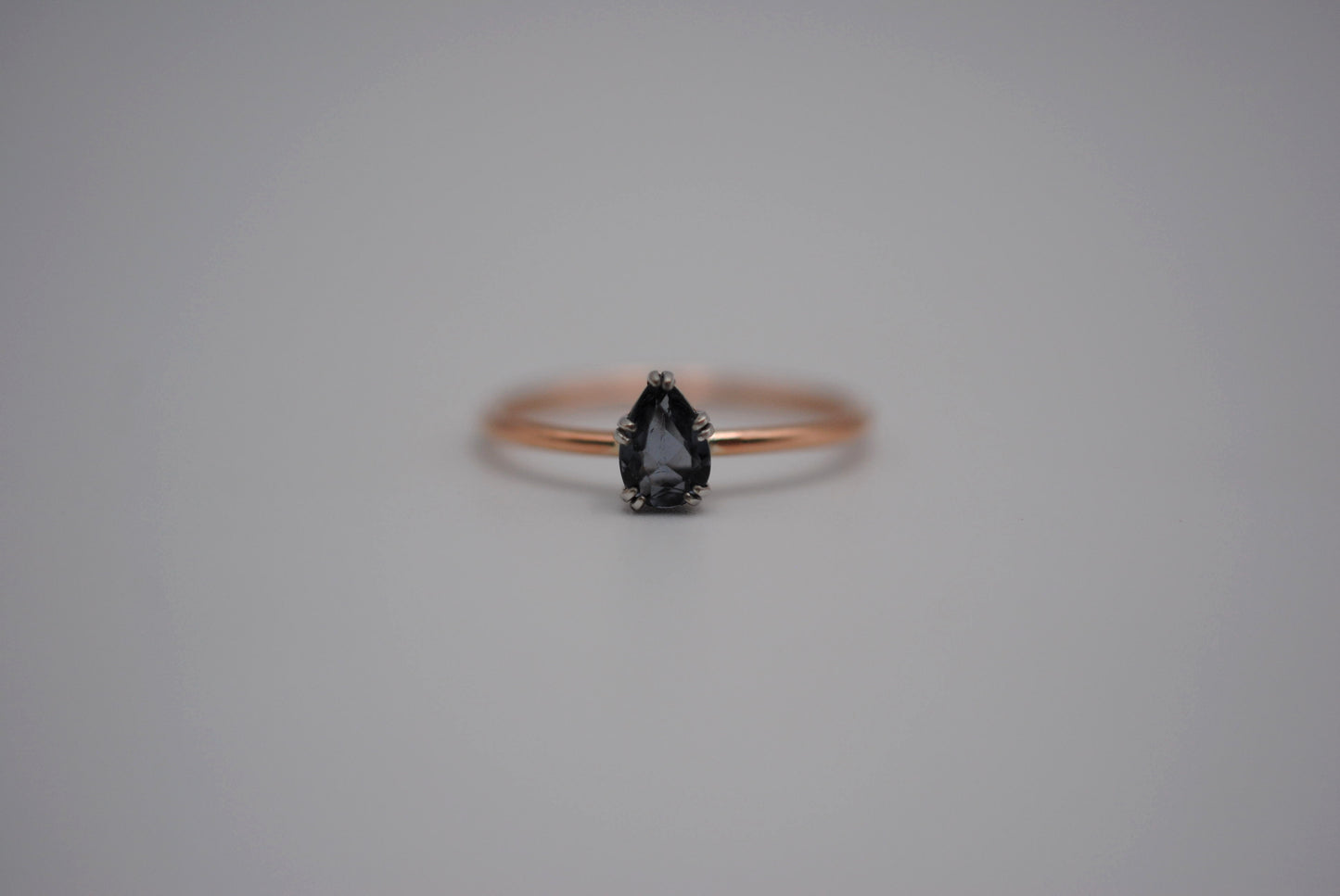 Pear Indicolite Tourmaline on Solid Rose Gold Band with White Gold Prong Setting Ring