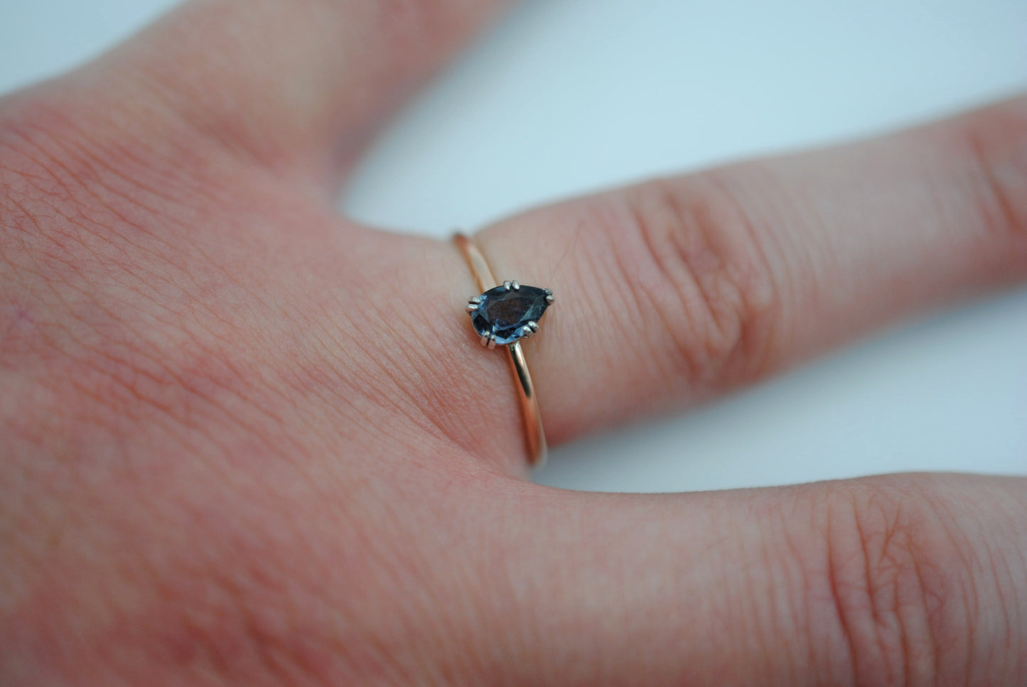 Pear Indicolite Tourmaline on Solid Rose Gold Band with White Gold Prong Setting Ring