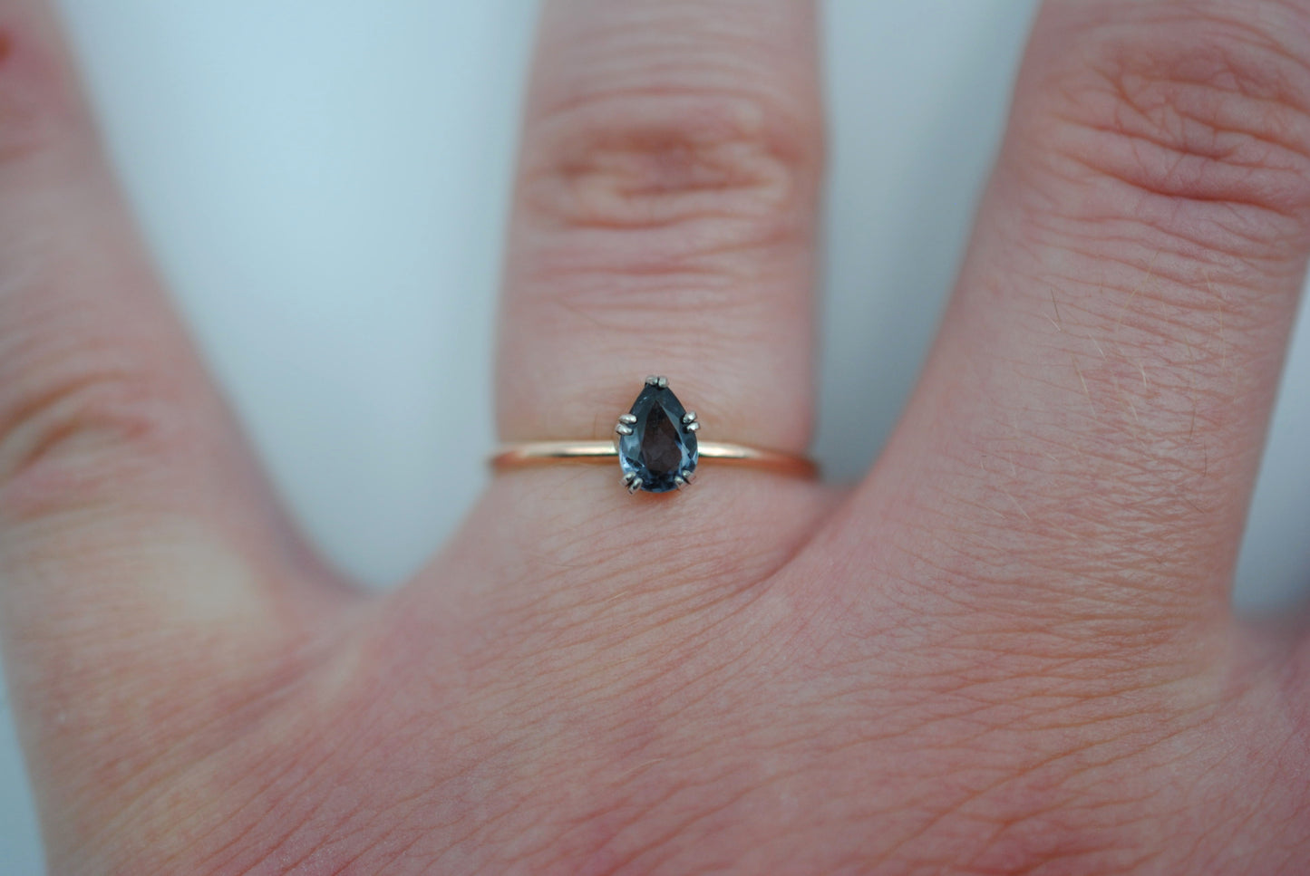 Pear Indicolite Tourmaline on Solid Rose Gold Band with White Gold Prong Setting Ring