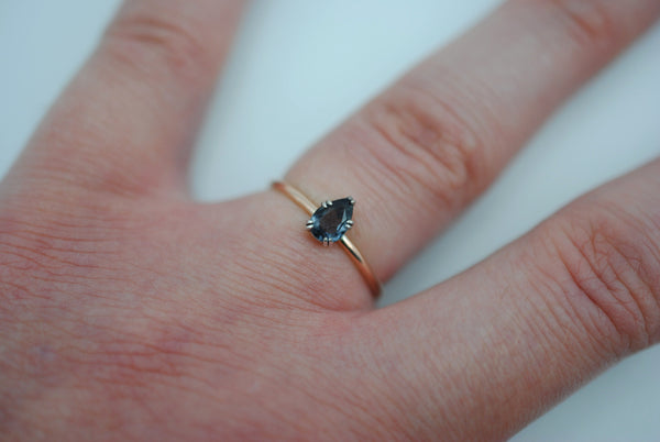 Pear Indicolite Tourmaline on Solid Rose Gold Band with White Gold Prong Setting Ring