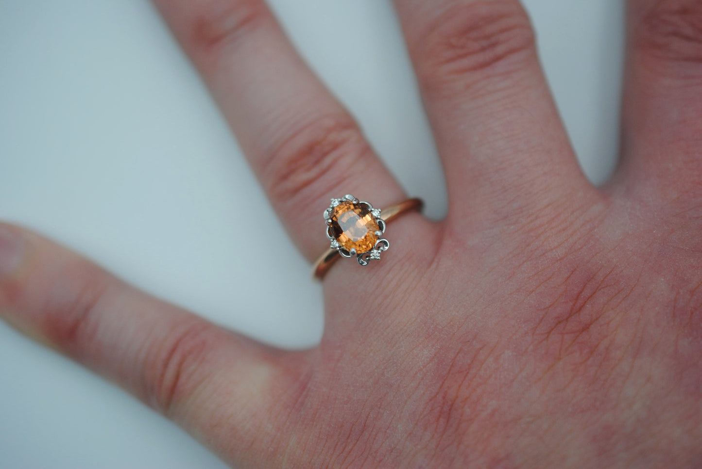 Garnet Ring: Oval Cut, Rose Gold Fill Band, White Gold Vintage Diamond Setting