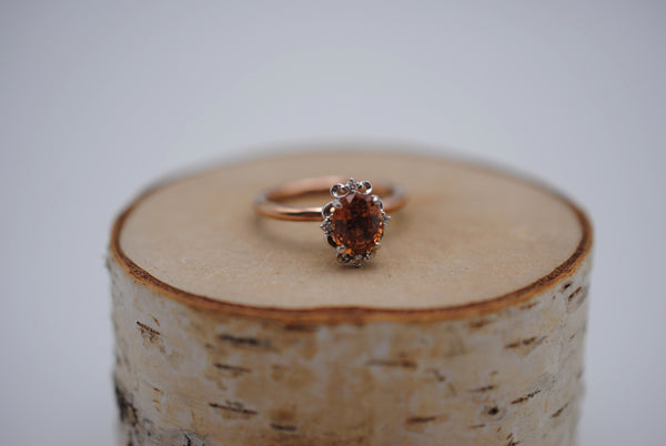 Garnet Ring: Oval Cut, Rose Gold Fill Band, White Gold Vintage Diamond Setting