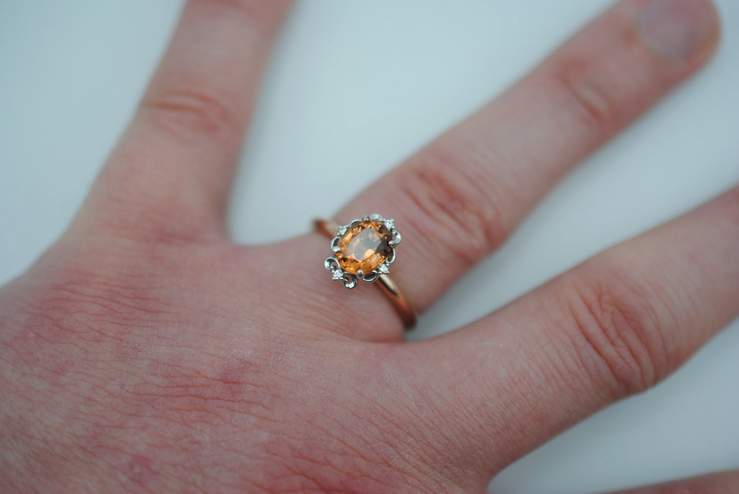 Garnet Ring: Oval Cut, Rose Gold Fill Band, White Gold Vintage Diamond Setting