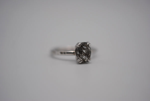 Oval Rutilated Quartz Solitaire Ring on Hammered Band