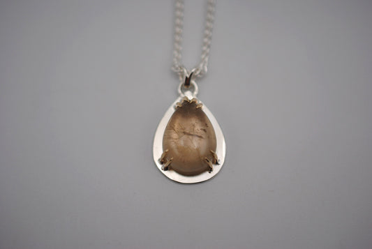 Pear Golden Rutilated Quartz with 14K Yellow Gold Prongs Pendant Necklace on Wheat Chain