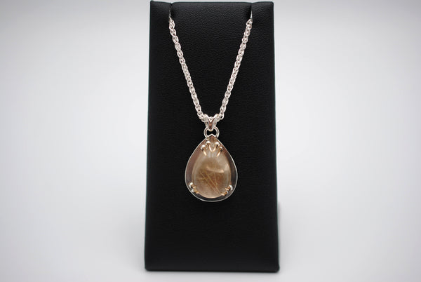Pear Golden Rutilated Quartz with 14K Yellow Gold Prongs Pendant Necklace on Wheat Chain