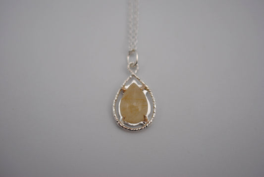 Pear Golden Rutilated Quartz with 14K Yellow Gold Prongs and Sparkle Halo Pendant Necklace on a Cable Chain