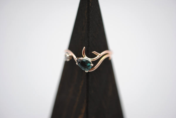 Indicolite Tourmaline and Raw Diamond Ring on 14K Rose Gold Roots Band