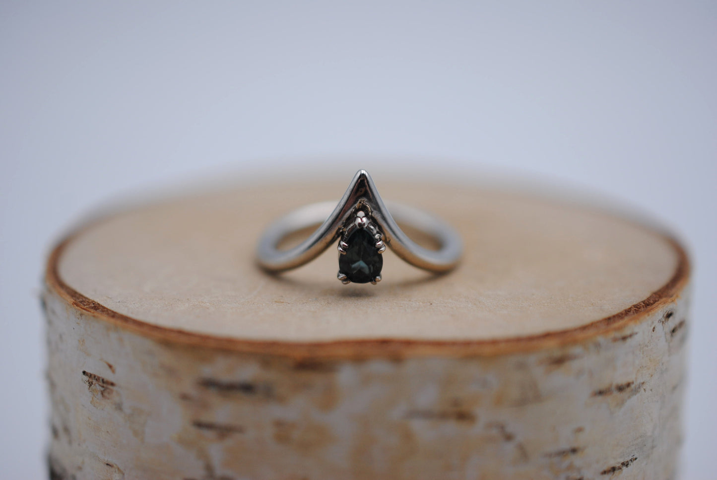 Pear Indicolite Tourmaline on Chevron Rhodium Band with a Solid White Gold Double Prong Setting Ring