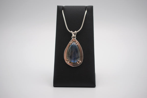 Pear Labradorite with 14K Rose Gold Prongs Pendant Necklace on a Thin Foxtail Chain