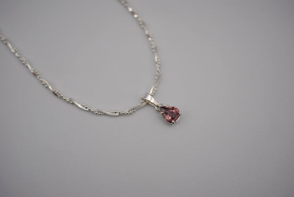 Malaia Garnet Necklace: Pear Cut, Silver Setting, Twisted Ball Snake and Box Chain