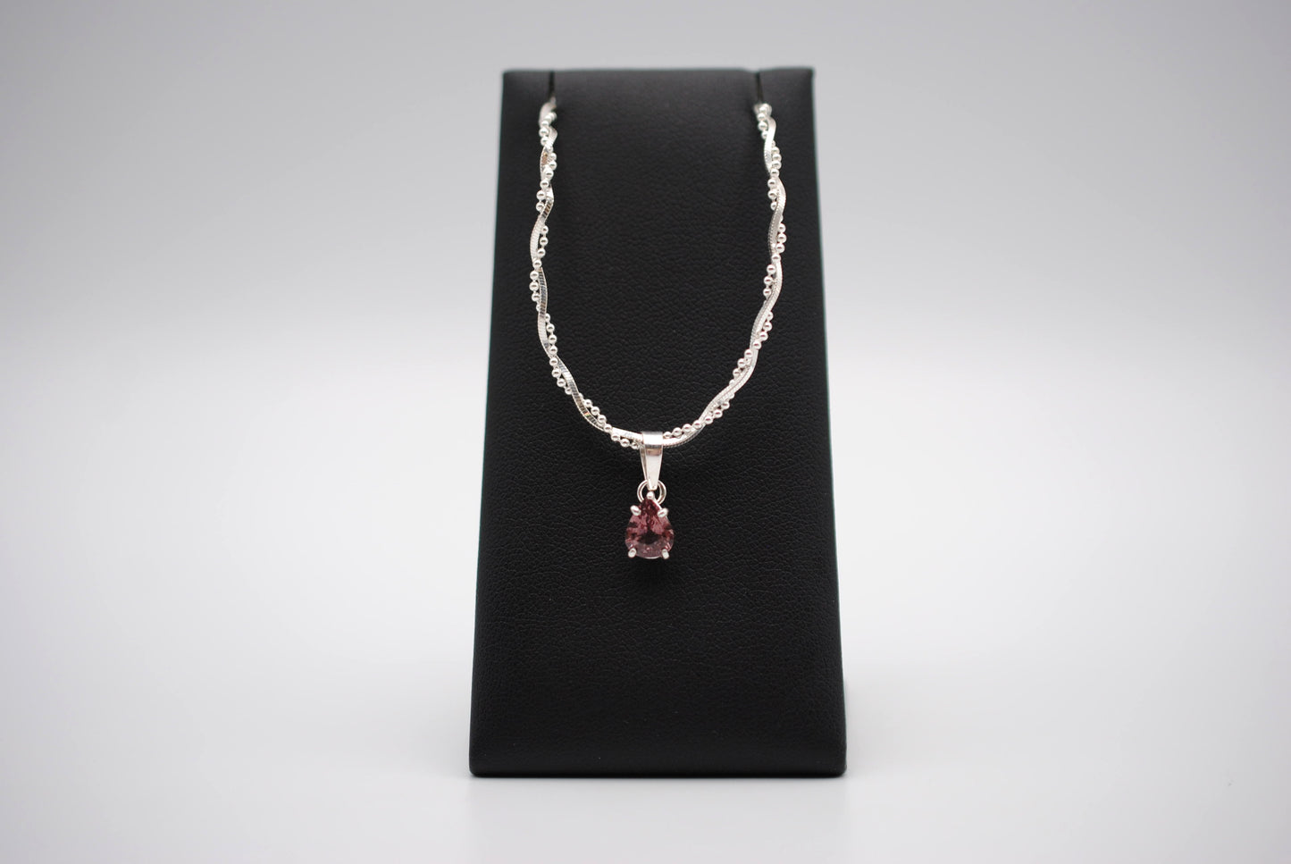 Malaia Garnet Necklace: Pear Cut, Silver Setting, Twisted Ball Snake and Box Chain