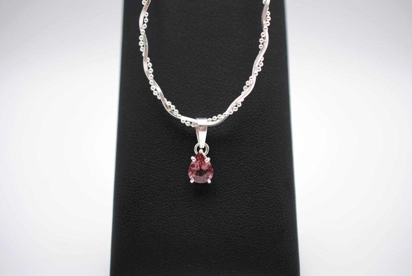 Malaia Garnet Necklace: Pear Cut, Silver Setting, Twisted Ball Snake and Box Chain