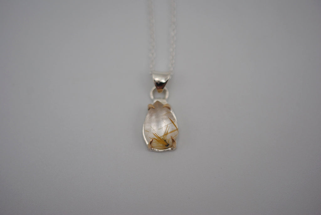 Pear Golden Rutilated Quartz with Yellow Gold Setting Pendant Necklace on a Cable Chain