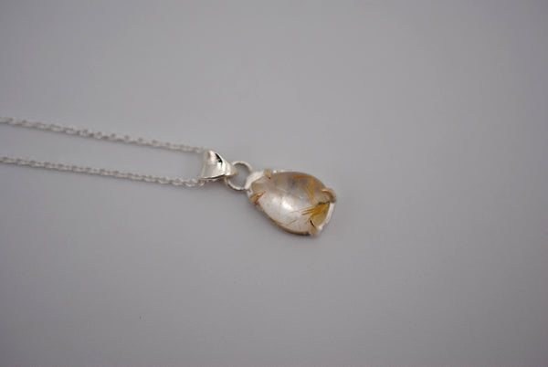 Pear Golden Rutilated Quartz with Yellow Gold Setting Pendant Necklace on a Cable Chain