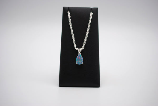 Pear Synthetic Opal in Silver Setting Pendant Necklace on Rope Chain